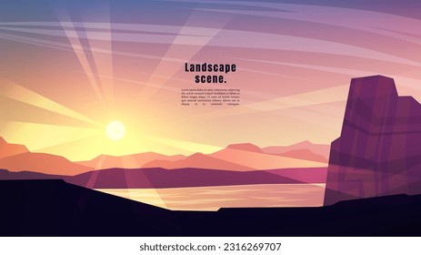 Vector illustration. Minimalist polygonal design. Nature landscape background. Panoramic view. Design element for web banner, website template. Cartoon flat style. Forest trees by water. Evening scene