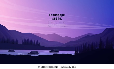 Vector illustration. Minimalist polygonal design. Nature landscape background. Panoramic view. Design element for web banner, website template. Cartoon flat style. Forest trees by water. Evening scene