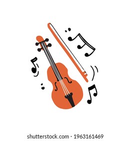 Vector illustration of minimalist professional violin and bow of orange color hand drawn in flat cartoon style playing creative classic music amidst abstract notes during concert