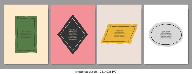 Vector illustration. Minimalist quote banners set. Frames blank template set. Text in brackets. Citation speech bubbles. Monochrome doodle hand drawn backgrounds. Design for poster, cover, layout