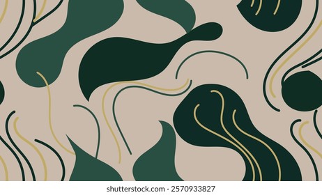 A vector illustration of a minimalist seamless pattern, emphasizing the use of gentle, flowing curves. With elements of gold and dark green patterns contrasting with a beige background for design