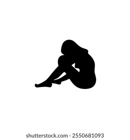 Vector illustration of a minimalist silhouette icon of a woman sitting with her knees raised, conveying introspection and solitude.