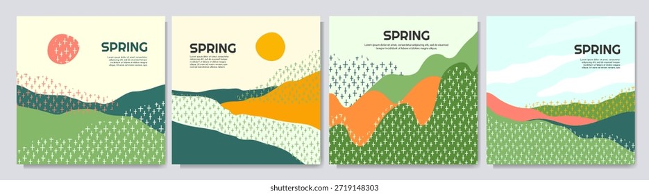 Ilustración vectorial. Conjunto de paisaje de primavera minimalista con Formas orgánicas abstractas y patrones. Diseño para Anuncio de Web, redes sociales. Paisajes dibujados a mano con colinas y cielo soleado