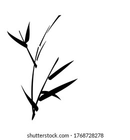 Vector illustration Minimalist style of bamboo leaves and shoots on left side of image in black isolated on white background with space for runaround or wraparound text on right side