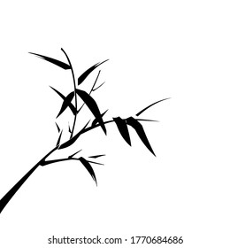 Vector illustration Minimalist  style of bamboo leaves and shoots on left side of image in black isolated on white background with space for runaround or wraparound text on right side