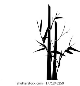 Vector illustration Minimalist style of bamboo leaves and shoots on right side of image in black isolated on white background with space for runaround or wraparound text on left side