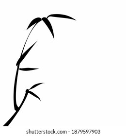 Vector illustration Minimalist style of bamboo leaves and shoots on left side of image in black isolated on white background with space for runaround or wraparound text on right side