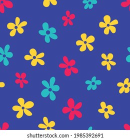 Ilustración vectorial del estilo minimalista flores multicolores brillantes que forman un patrón sin fisuras sobre el fondo púrpura