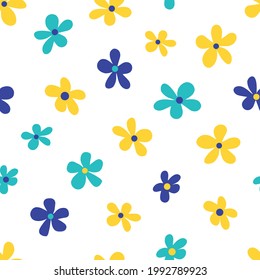 Vector illustration of minimalist style bright multicolored flowers forming seamless pattern on white background