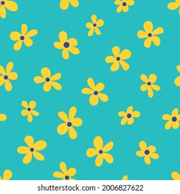 Vector illustration of minimalist style bright yellow flowers forming seamless pattern on blue background