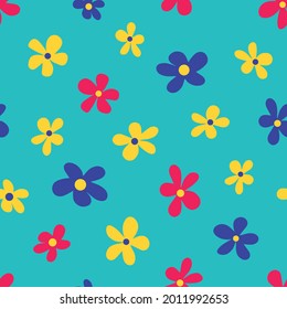 Ilustración vectorial del estilo minimalista flores multicolores brillantes que forman un patrón sin fisuras en el fondo azul