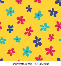 Ilustración vectorial del estilo minimalista flores multicolores brillantes que forman un patrón sin fisuras sobre fondo amarillo