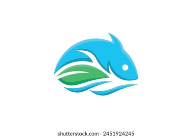 Ilustración vectorial de una combinación de estilo minimalista de pescado y hojas logo