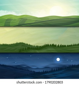 Ilustración vectorial. Estilo minimalista. Concepto plano. Conjunto de fondos paisajísticos. La pradera, el bosque y las colinas, la escena nocturna. Plantilla de verano verde para afiches, pancartas, plantillas. Amplio fondo panorámico