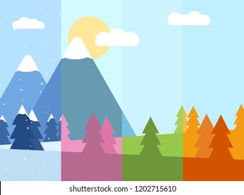 Vector illustration in a minimalist style. Four seasons of the year in one drawing. Illustration with clipping masks