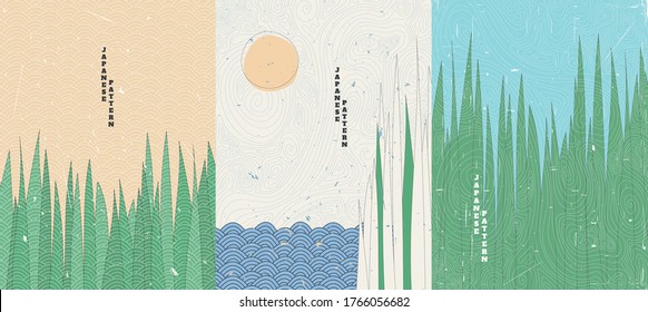 Ilustración vectorial  Estilo minimalista  Grasa cerca del agua  Caña  Estilo japonés antiguo  Patrón topográfico  Diseño para afiches  portada  tarjeta de saludo  folleto  Material gráfico de línea  Conjunto de fondos texturados de color