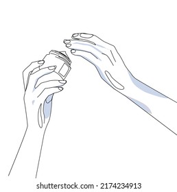 Vector illustration in a minimalist style line. cosmetics in the hands of a girl. Jars of tubes and sprays with care cosmetics. The concept of Beauty products. A woman applies hand cream
