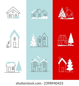 Vektorgrafik, minimalistischer Stil, Linienkunst, kleine Weihnachtshäuser