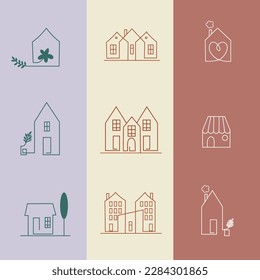 Vector illustration, minimalist style, lineart, small houses