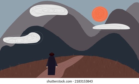 Ilustración vectorial en un estilo minimalista. Un hombre solitario camina por las montañas. Bonitos colores. Arte moderno. Ilustración de soledad, encontrando una manera.