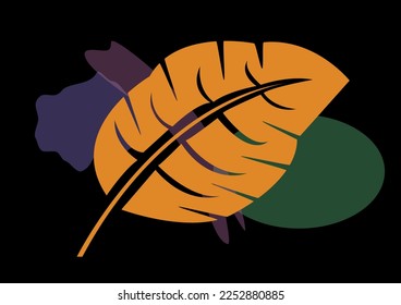 Vektorgrafik im minimalistischen Stil für den Druck auf Geschirr, Kleidung. Stilvolles Bild eines Blattes auf schwarzem Hintergrund mit farbigen abstrakten Figuren.