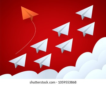 Vector illustration of Minimalist style red airplane changing direction and white ones. New idea, change, trend, courage, creative solution, innovation and unique way concept. 