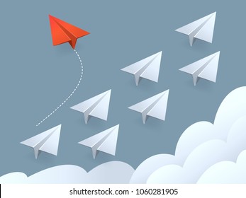 Vector illustration of Minimalist style red airplane changing direction and white ones. New idea, change, trend, courage, creative solution, innovation and unique way concept. 