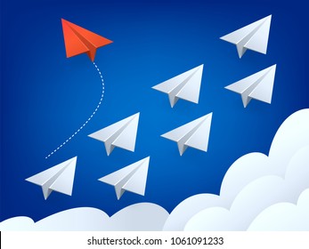 Vector illustration of Minimalist style red airplane changing direction and white ones. New idea, change, trend, courage, creative solution, innovation and unique way concept. 