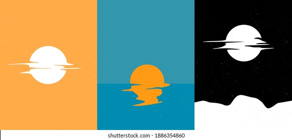 Vector illustration. Minimalist surreal poster collection. Sun reflection. Moon and clouds. Abstract backgrounds. Design for postcard, book cover, flyer, gift card. Travel and tourism concept