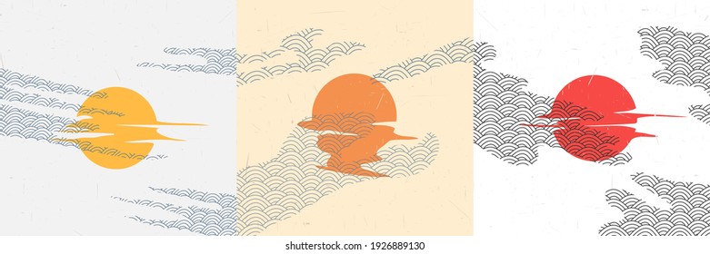 Vector illustration. Minimalist surreal poster collection. Sun reflection. Moon and clouds. Abstract backgrounds. Design elements for social media template, blog post, square banner. 