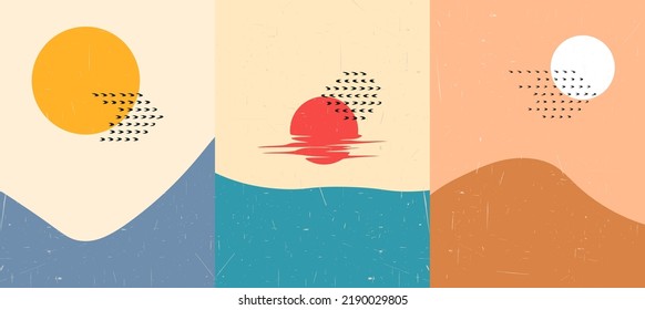 Vector illustration. Minimalist surreal poster collection. Sun reflection. Abstract backgrounds collection. Travel and tourism concept. Design elements for poster, cover, magazine, headline, layout