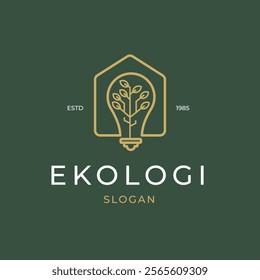 Vector Illustration of Minimalist Technology Logo Premium Line House Symbol with Light Bulb Branch Leaf