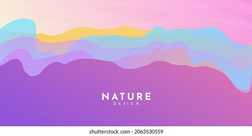 Vector illustration. Minimalist wavy panoramic background. Color gradient hills. Wave futuristic concept. Colorful wallpapers. Clear sky. Flat design for website, landing page. Evening sunset scene
