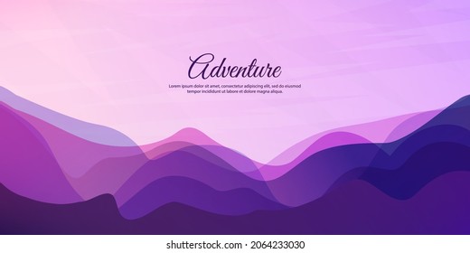 Vector illustration. Minimalist wavy panoramic background. Color gradient hills. Wave futuristic concept. Colorful wallpapers. Clear sky. Flat design for website, landing page. Evening sunset scene