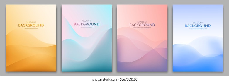 Vector illustration. Minimalist wavy posters. Bright gradient color. Futuristic style. Design for book cover, flyer, leaflet, brochure. Abstract landscapes: desert, hills, sunset scene, sea waves.