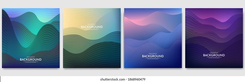 Vector illustration. Minimalist wavy posters. Bright gradient color. Futuristic style. Design for social media templates, banners. Abstract landscapes: mountains, hills, sunset scene.