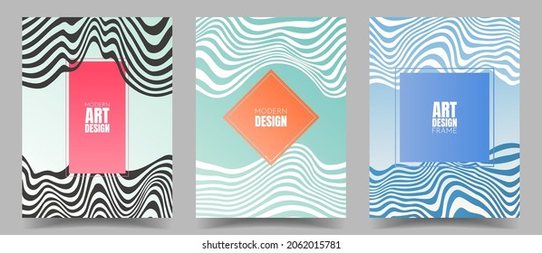 Vector illustration. Minimalist wavy posters. Bright gradient color. Surrealist style. Design for book cover, flyer, leaflet, brochure. Geometric frame with text. Abstract wallpapers collection