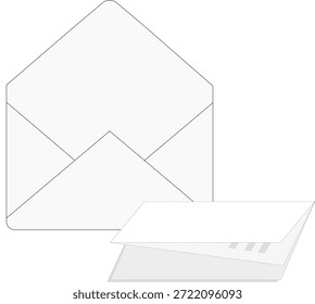 Vector illustration of a minimalist white envelope and folded letter card. Blank stationery mockup for mail, invitations, greetings, and corporate correspondence.