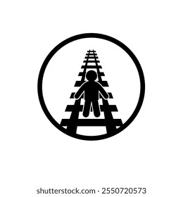 Vector illustration of a minimalist white icon of a person walking or standing on train tracks in a circle. Symbolizing travel, decision making, and direction.