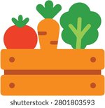 Vector illustration of a minimalist wooden crate filled with fresh organic vegetables including a tomato, carrot, and leafy greens. Clean flat design isolated on white background.