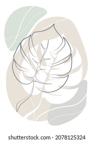 Vector illustration. Minimalistic background with gray and beige spots. The silhouette of a monstera. Printing of paintings for the interior and postcards.