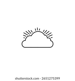 Ilustração vetorial de um ícone minimalista da arte da linha preta mostrando o sol com raios emergindo de trás de uma nuvem fofa, isolada em um fundo branco.