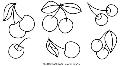 Ilustração vetorial de desenhos de cereja minimalista com arte de linha em escala de cinza. Uma coleção de ilustrações de cereja minimalista representada usando arte de linha simples. Cada cereja é representada com