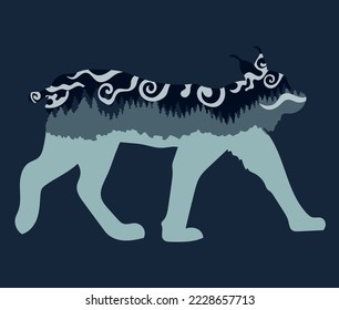 Vector illustration of a minimalistic dark landscape inside the silhouette of a lynx, bobcat. Inside there is a fir forest on the mountain and gusts of wind with spiral curls. An image for your design