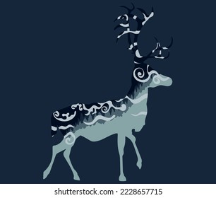 Vector illustration of a minimalistic dark landscape inside the silhouette of a horned deer. Inside there is a spruce forest on the mountain and gusts of wind with spiral curls. Image for your design