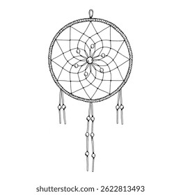 Ilustração vetorial de um dreamcatcher esotérico minimalista com contas e cordas, desenhado à mão em estilo de esboço de tinta preta e branca. Ideal para projetos espirituais, decoração boho e designs de tatuagem.