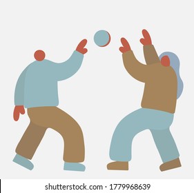 vector illustration minimalistic flat boy and girl characters playing ball. People without faces play basketball and volleyball. sport and team games concept. 
children are walking and playing