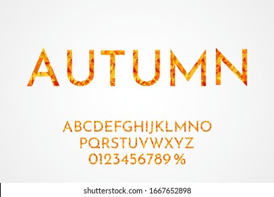  Vektorillustration. Minimalistische Schriftart. Low-Poly-Stil. Polygonaler Stil. Herbstkonzept. Farbe der gefallenen Blätter: orange, gelb, rot. Letter aus dreieckigen Formen. Abstrakte Schrift für Design