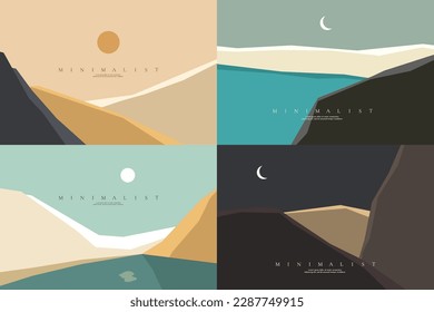 Vector illustration. Minimalistic geometric landscapes collection. Mid century modern graphic. Desert hills, lake by rock, desert mountains by water, night scene. Design elements for web banner