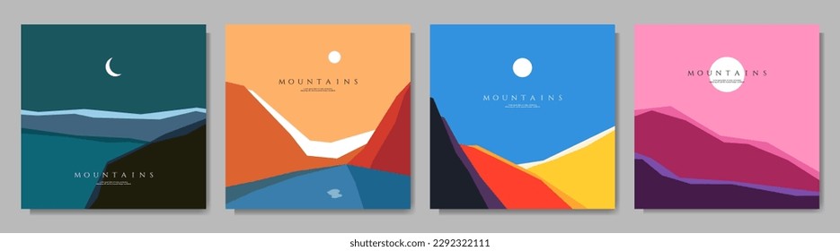 Vector illustration. Minimalistic geometric landscapes collection. Mid century modern graphic. Hills by the lake, a road in the mountains, sunset. Design elements for social media banner, web template